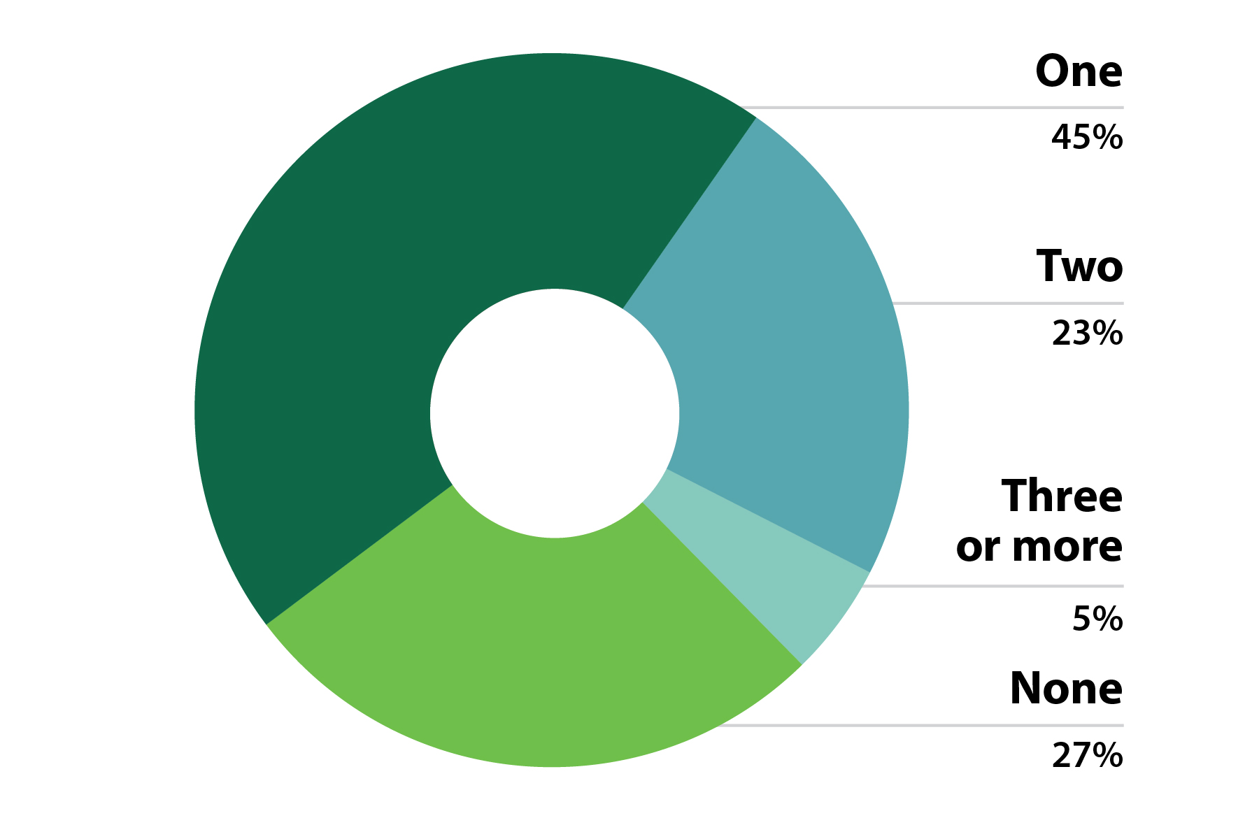 Pie chart showing number of internships held: One 45%, Two 23% Three or more 5%, None 27%