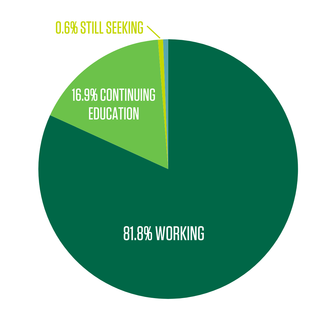 Pie chart showing 81.8% working, 16.9% continuing education, 0.6% still seeking
