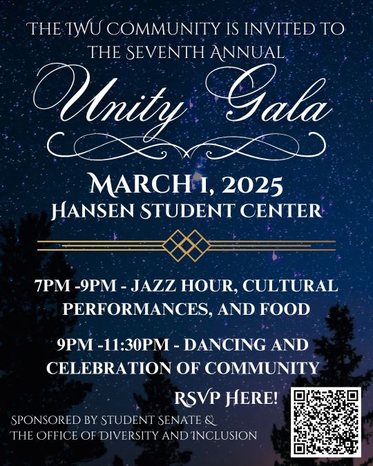 Unity Gala 2025: March 1st in the Hansen Student Center. 7-9 PM: jazz hour with cocktails and hors d'oeuvres. 9 PM - midnight dancing and celebration of community