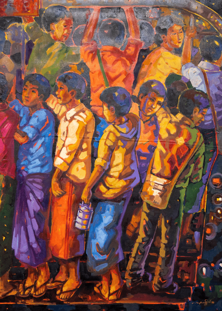 Colorful painting of children standing while using public transportation