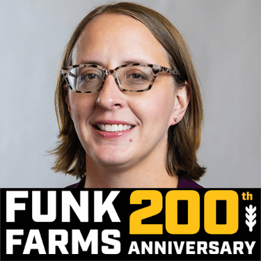 Archivist Liz Bloodworth with Funk Farms 200th Celebration Logo