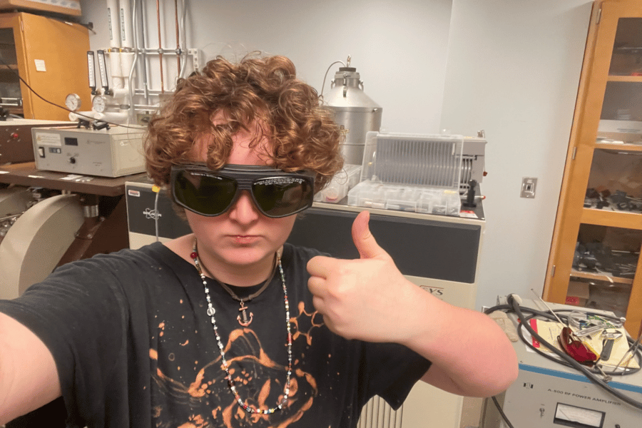 Student Otis Buras poses in a chemistry lab at Northwestern University