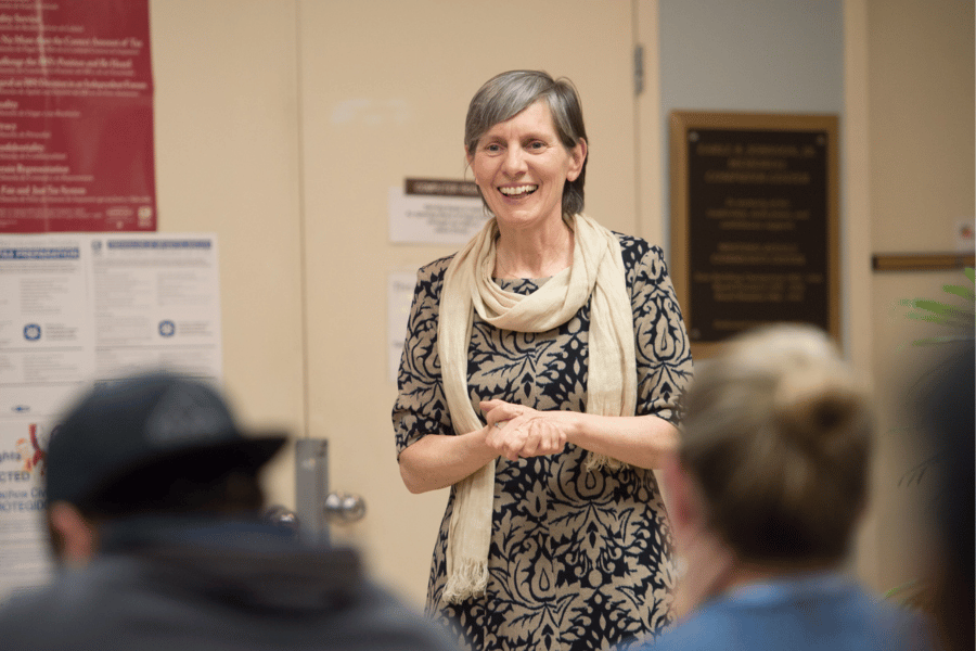 Professor Carolyn Nadeau speaks to students