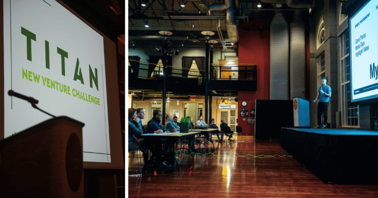 student presenting on stage at Hansen Student Center