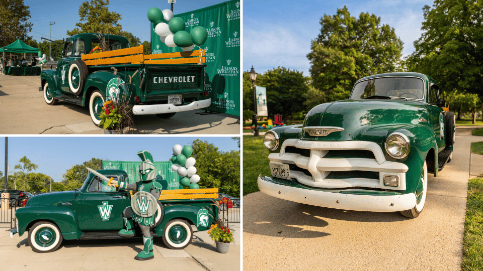 three angles of vintage 1955 green chevy truck